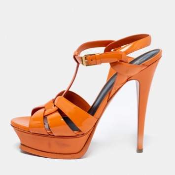 Pre Owned Saint Laurent Orange Patent Leather Tribute Sandals Size 38