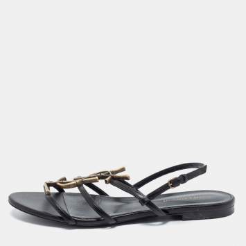 Pre Owned Saint Laurent Black Leather Cassandra Flat Sandals Size 38.5
