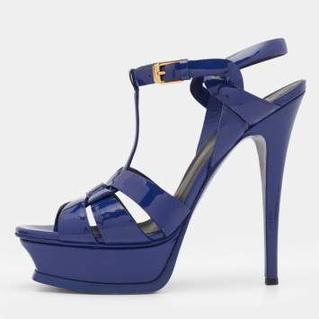 Pre Owned Saint Laurent Navy Blue Patent Leather Tribute Ankle Strap Platform Sandals Size 37