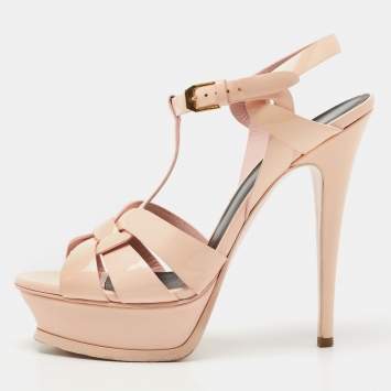 Pre Owned Saint Laurent Peach Pink Patent Leather Tribute Sandals Size 38