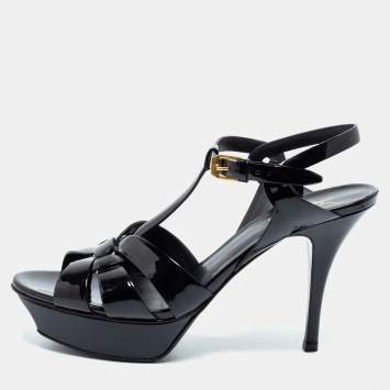 Pre Owned Saint Laurent Black Patent Leather Tribute Platform Ankle Strap Sandals Size 39