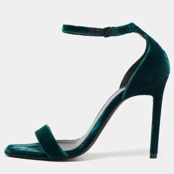 Pre Owned Saint Laurent Dark Green Velvet Amber Ankle-Strap Sandals Size 39.5
