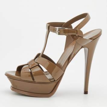 Pre Owned Saint Laurent Brown Patent Leather Tribute Platform Ankle Strap Sandals Size 37.5
