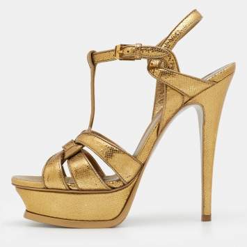 Pre Owned Saint Laurent Gold Lizard Embossed Leather Tribute Platform Sandals Size 38.5
