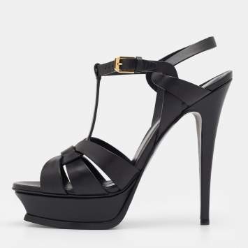Pre Owned Saint Laurent Black Leather Tribute Ankle Strap Platform Sandals Size 40