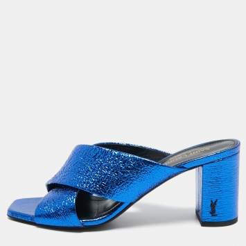 Pre Owned Saint Laurent Blue Leather LouLou Slide Sandals Size 37