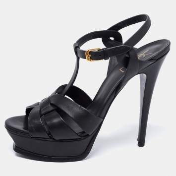Pre Owned Saint Laurent Black Leather Tribute Platform Ankle Strap Sandals Size 39.5
