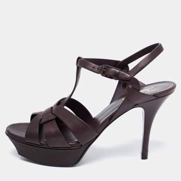 Pre Owned Saint Laurent Dark Brown Leather Tribute Platform Sandals Size 38.5