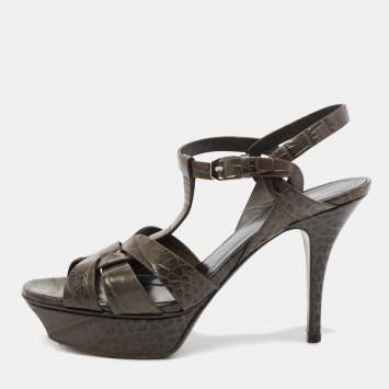 Pre Owned Saint Laurent Dark Olive Green Croc Embossed Leather Tribute Platform Sandals Size 38