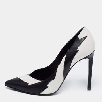 Pre Owned Saint Laurent Black/White Leather Janis Flash Pumps Size 39