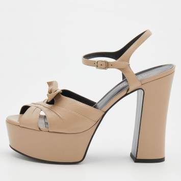 Pre Owned Saint Laurent Beige Leather Candy Platform Ankle Strap Sandals Size 39
