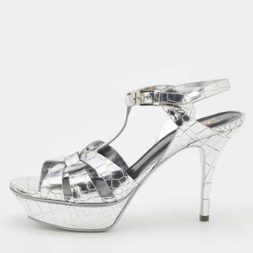 Pre Owned Saint Laurent Metallic Silver Croc Embossed Leather Tribute Platform Ankle Strap Sandals Size 39