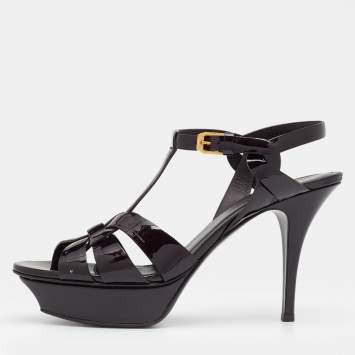 Pre Owned Saint Laurent Burgundy Patent Leather Tribute Platform Ankle Strap Sandals Size 39