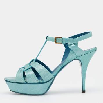 Pre Owned Saint Laurent Turquoise Patent Leather Tribute Platform Sandals Size 39
