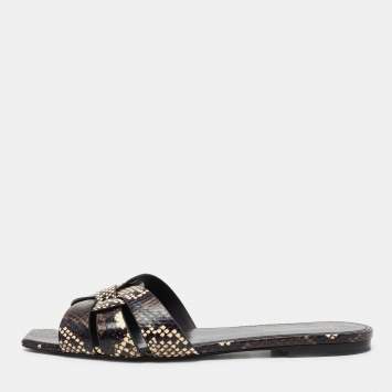Pre Owned Saint Laurent Paris Multicolor Python Embossed Leather Tribute Flat Sandals Size 39.5