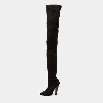 Pre Owned Saint Laurent Black Knit Fabric Over The Knee Boots Size 40