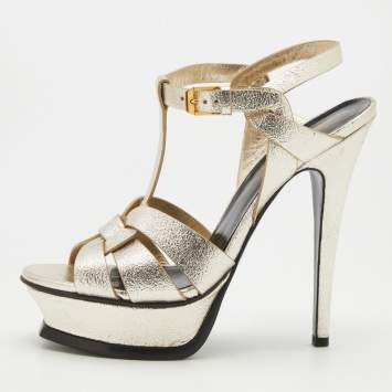 Pre Owned Saint Laurent Metallic Gold Leather Tribute Platform Sandals Size 36