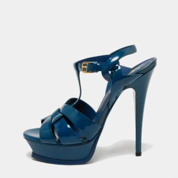Pre Owned Saint Laurent Dark Teal Patent Leather Tribute Platform Sandals Size 37