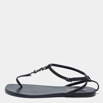 Pre Owned Saint Laurent Black Leather Cassandra Flat Sandals Size 38.5