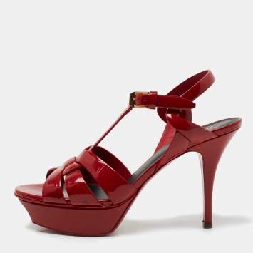 Pre Owned Saint Laurent Red Patent Leather Tribute Platform Sandals Size 37
