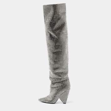 Pre Owned Saint Laurent Silver Crystal And Suede Over The Knee Boots Size 40 