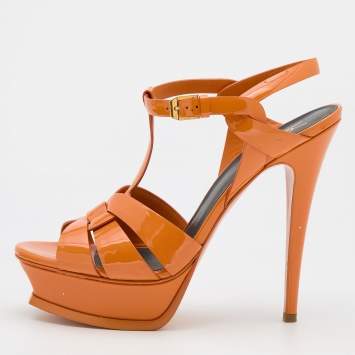 Pre Owned Saint Laurent Orange Patent Leather Tribute Platform Sandals Size 39.5
