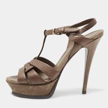 Pre Owned Saint Laurent Metallic Bronze Leather Tribute  Ankle Sandals Size 37.5