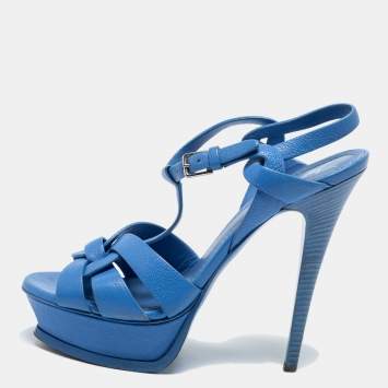 Pre Owned Saint Laurent Blue Leather Tribute Ankle Sandals Size 38 
