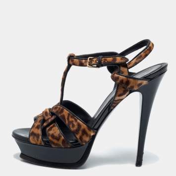 Pre Owned Saint Laurent Brown/Black Calf Hair Tribute Ankle Strap Sandals Size 39