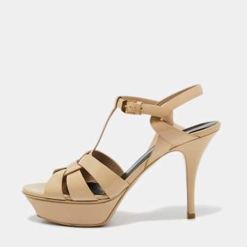 Pre Owned Saint Laurent Beige Patent Leather Tribute Platform Sandals Size 38