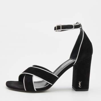 Pre Owned Saint Laurent Black/Silver Suede and Leather Ankle Strap Sandals Size 37.5