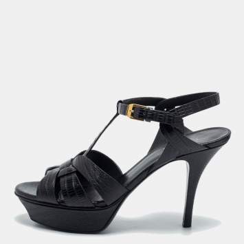 Pre Owned Saint Laurent Black Lizard Embossed Leather Tribute Sandals Size 38