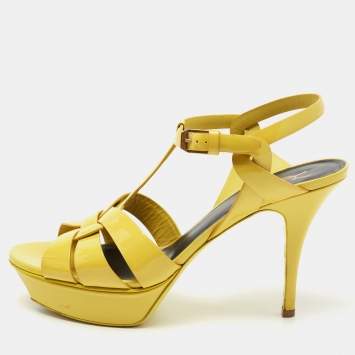Pre Owned Saint Laurent Yellow Patent Leather Tribute  Sandals Size 40