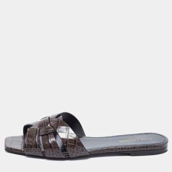 Pre Owned Saint Laurent Brown/Black Croc Embossed Leather Tribute Flats Size 40