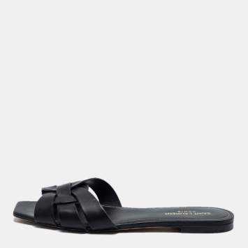 Pre Owned Saint Laurent Black Leather Tribute Flat Slides Size 40