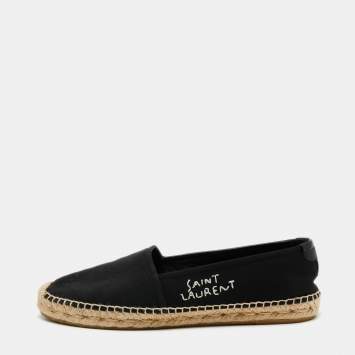Pre Owned Saint Laurent Black Canvas Embroidered Logo Espadrille Flats Size 39