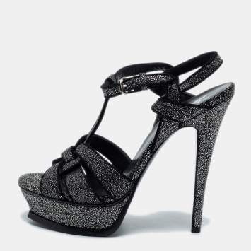 Pre Owned Saint Laurent Black/Silver Glitter Suede Tribute Sandals Size 38