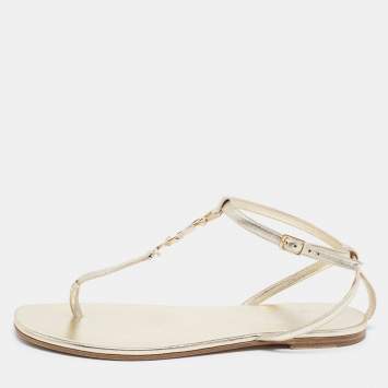 Pre Owned Saint Laurent Gold Leather Cassandra Flat Ankle Strap Sandals Size 38