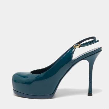 Pre Owned Saint Laurent Teal Patent Leather Tribtoo Slingback Pumps Size 36