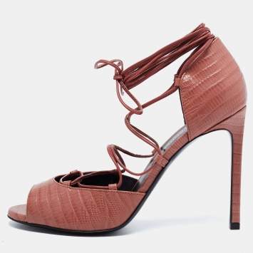 Pre Owned Saint Laurent Pink Lizard Embossed Leather Ankle Wrap Sandals Size 36.5