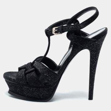 Pre Owned Saint Laurent Black Glitter Fabric Tribute Platform Sandals Size 38