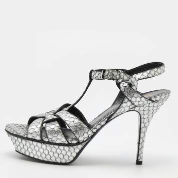 Pre Owned Saint Laurent Silver Python Embossed Leather Tribute Sandals Size 38.5