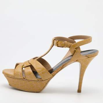Pre Owned Saint Laurent Beige Croc Embossed Leather Tribute Sandals Size 37.5