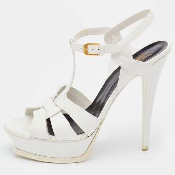 Pre Owned Saint Laurent White Lizard Embossed Leather Tribute Sandals Size 40.5