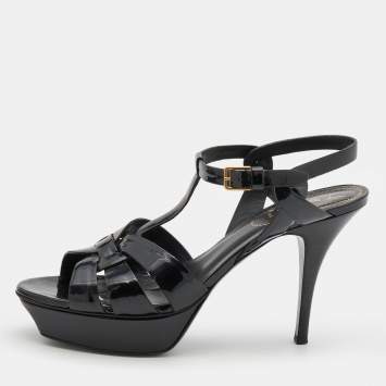 Pre Owned Saint Laurent Black Patent Leather Tribute Sandals Size 39