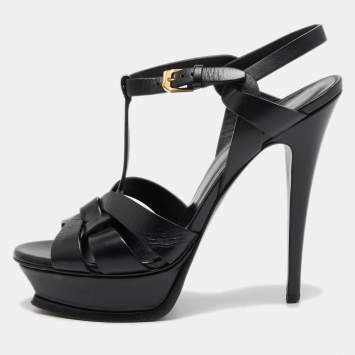 مملوكة مسبقًا Saint Laurent Black Leather Tribute Platform Sandals Size 38.5
