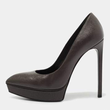 Pre Owned Saint Laurent Grey Textured Leather Janis Platform Pumps Size 37