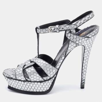 Pre Owned Saint Laurent Silver Python Embossed Leather Tribute Sandals Size 41