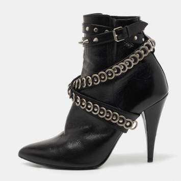 Pre Owned Saint Laurent Black Leather Studded Fetish Ankle Booties Size 38.5