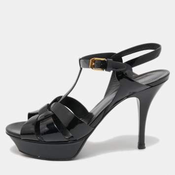 Pre Owned Saint Laurent Black Patent Leather Tribute Sandals Size 39